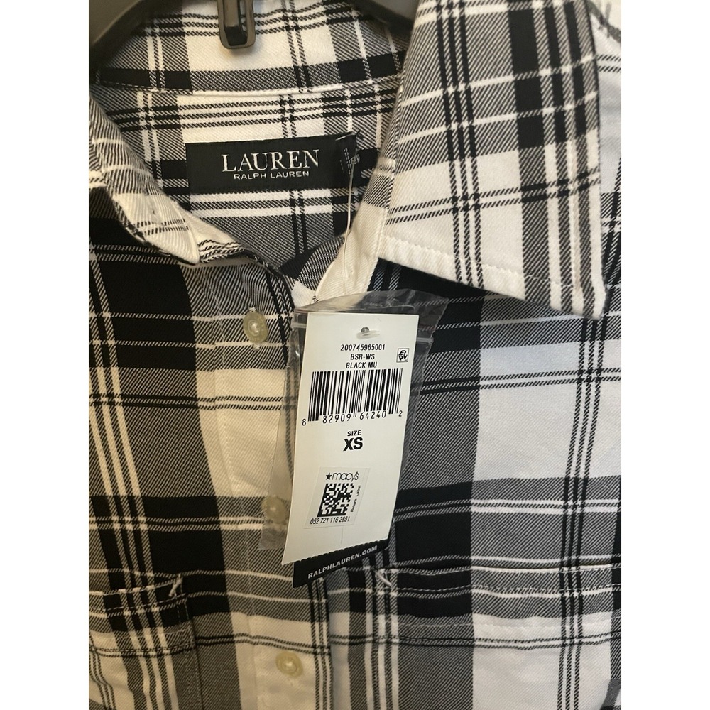 Ralph Lauren Women's XS Black White Plaid Flannel 100% Cotton Black Label - Picture 2 of 4